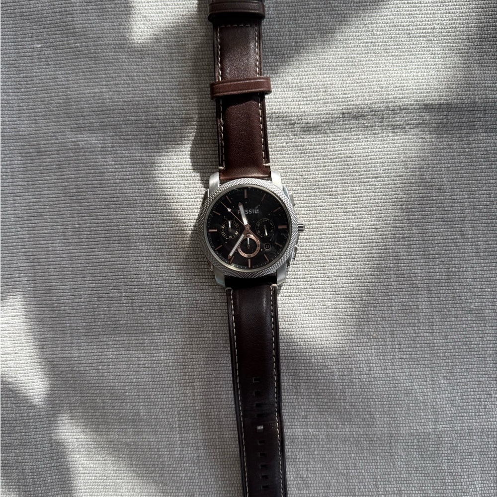 Fossil Dark Brown Leather Watch with Silver Case